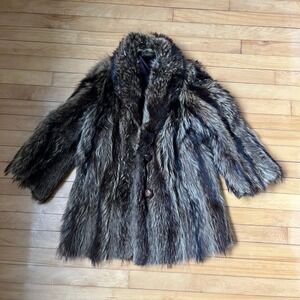 Vintage Long Hair Fur Coat Brown Silver Shawl Collar Plaid Lining Toggle Button